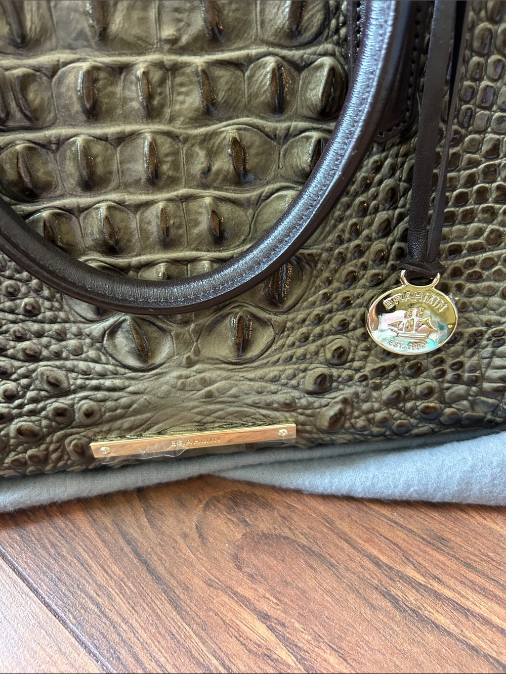 Brahmin Olive, Rust & Brown Croc-Embossed Satchel - Picture 7 of 11
